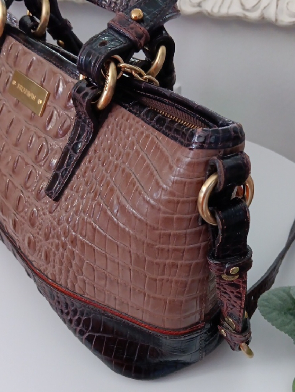 Brahmin Brown and Black Croc-Embossed Leather Satchel with Tassel - Picture 6 of 11